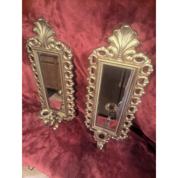 Homco Vintage Faux Brass Mirrorred Candle Sconces - Picture 1 of 10